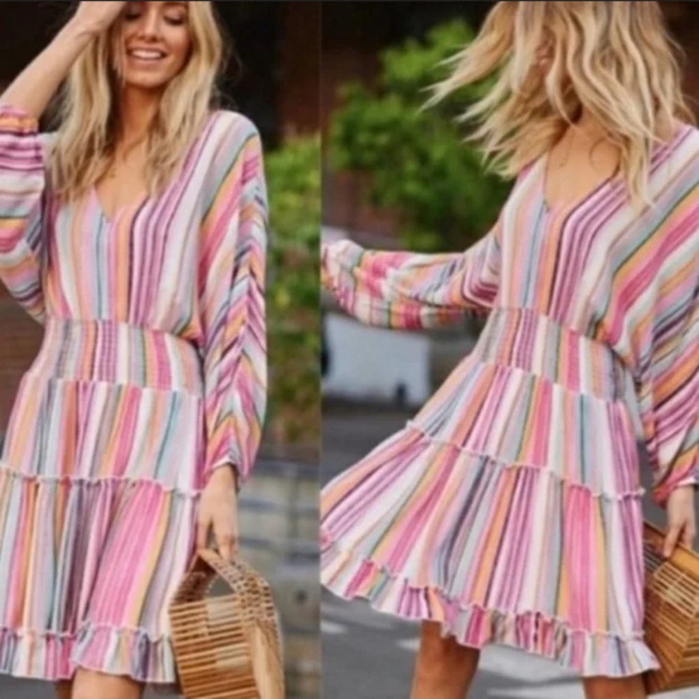 Hyped Unicorn Boho Multi Color Striped Small Dress - image 6